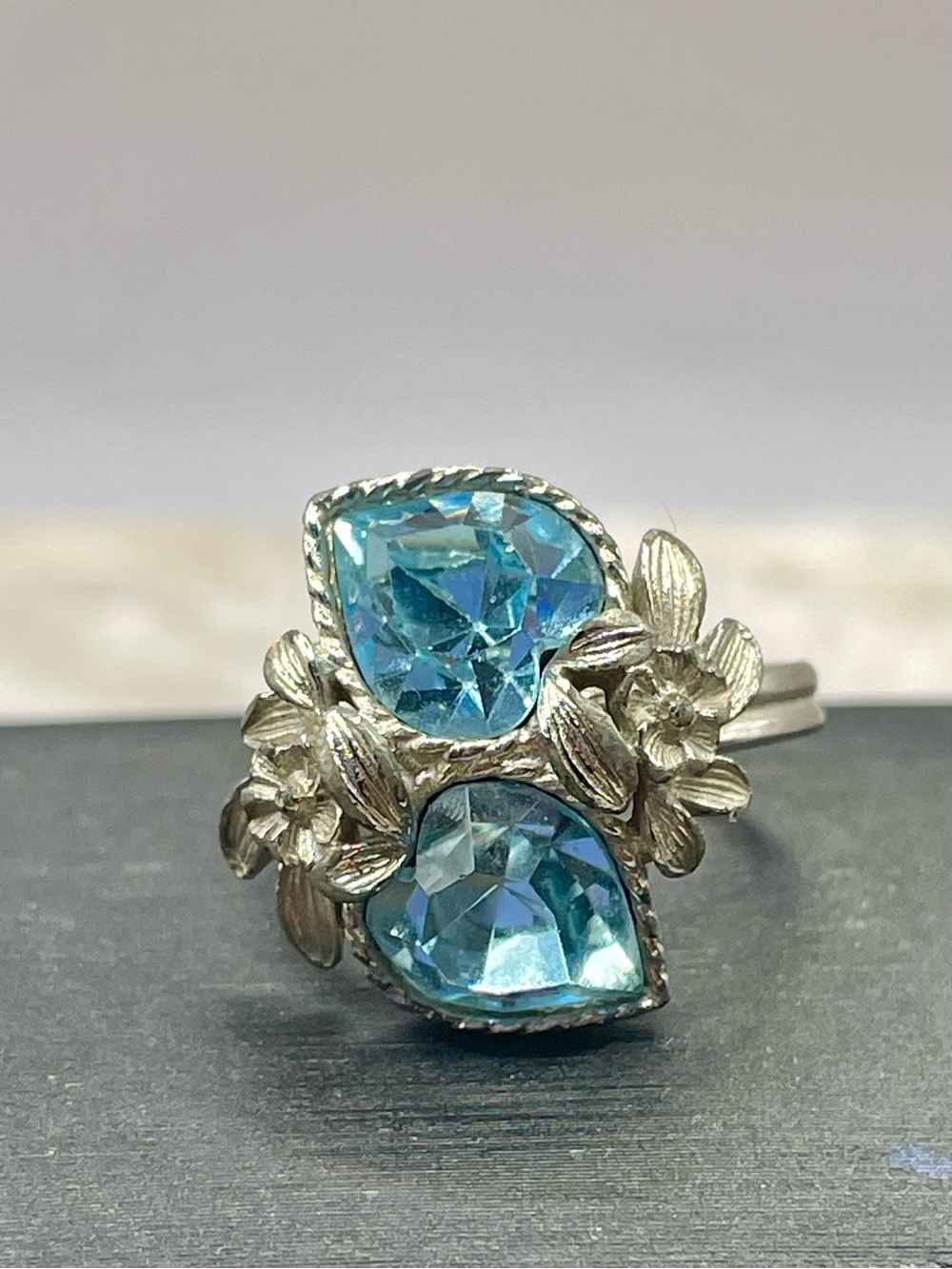 Sarah Coventry Silver-Tone Ring with Blue Teardrop Stones. Size 5 Adjustable